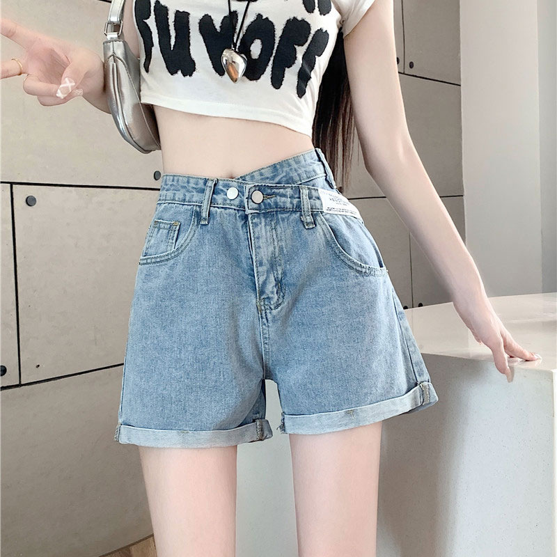 Curled Irregular A- shaped Jeans Women's Summer High Waist Loose Straight Thin Inclined Buckle Crossed Wide-leg Hot Pants