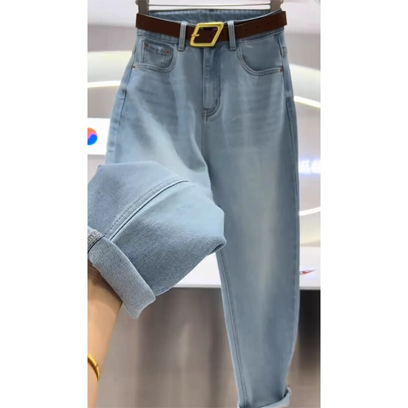 Nine-Point Light Blue Harem Jeans for Women, New Spring and Autumn Style, Plus-Size, Stretchy, Loose, Slimming, High-Waisted Carrot Dad Pants