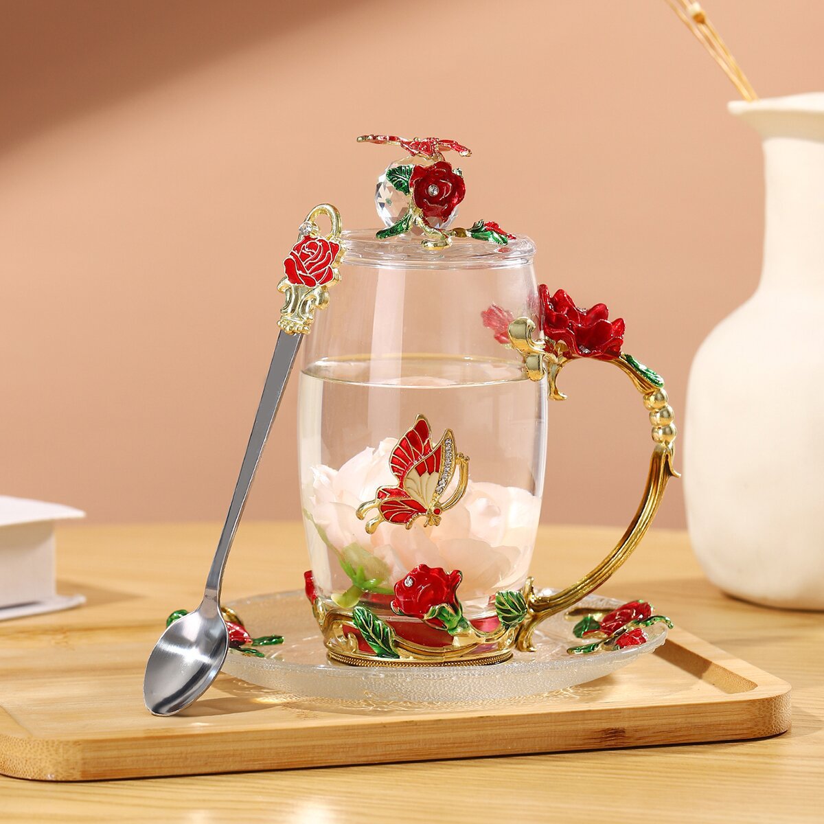 Taza de té con cubierta de flores creativa sala de estar taza de agua de desayuno de lujo taza de leche de esmalte de color taza de café de mujer taza de vidrio casero