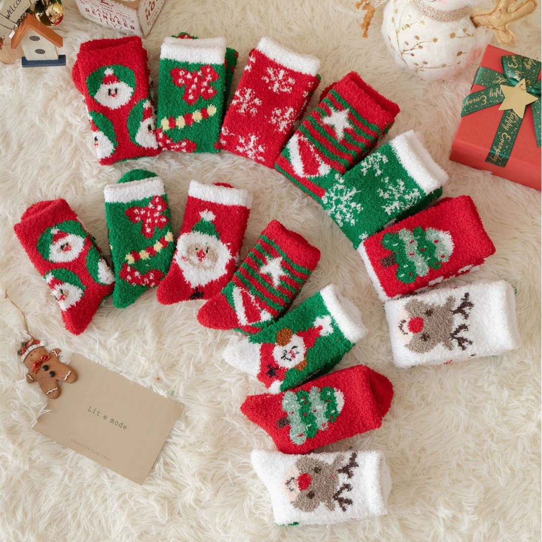 Трансграничные рождественские чулки Коралловые бархатные носки осенние и зимние толстые носки для сна Симпатичные лоси снеговик праздничные носки