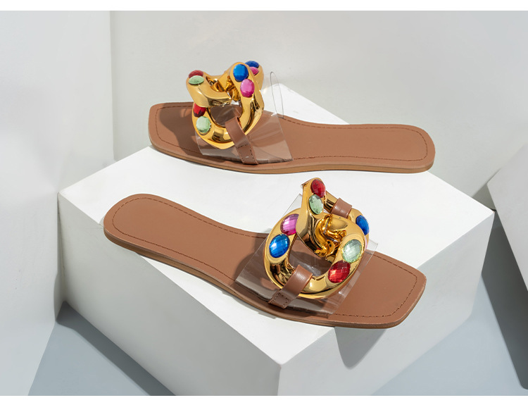 Ciabatte Cross Border Nuovi sandali piatti da donna con strass color caramello Pantofole trasparenti con fibbia in metallo moda femminile_voghion.com