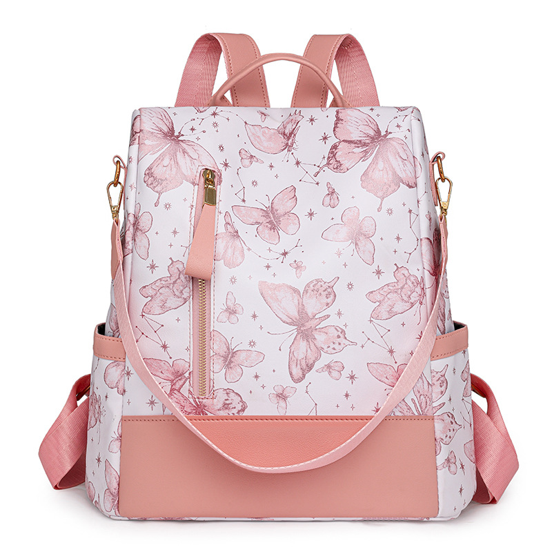 2024 nuevo estilo mariposa estampado antirrobo señoras mochila moda contraste color al aire libre viaje mochila de tres usos al por mayor marea