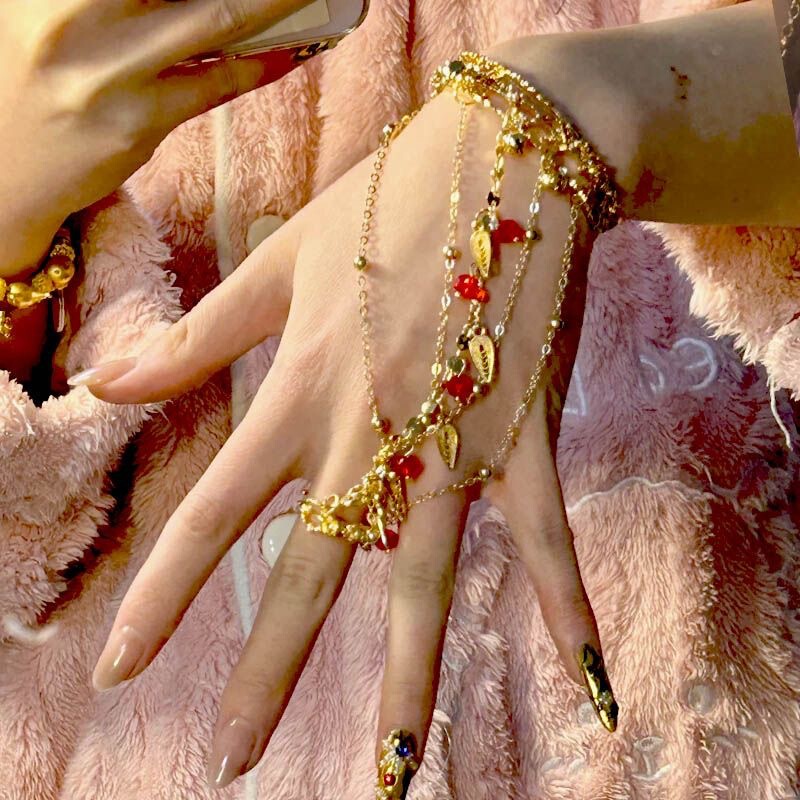 Ancient Style Han Dynasty Travel Photography Dunhuang Dance Accessories Cut Out Plum Blossom Red Beads Leaf Pendant Single Finger Ring Bracelet Bracelet