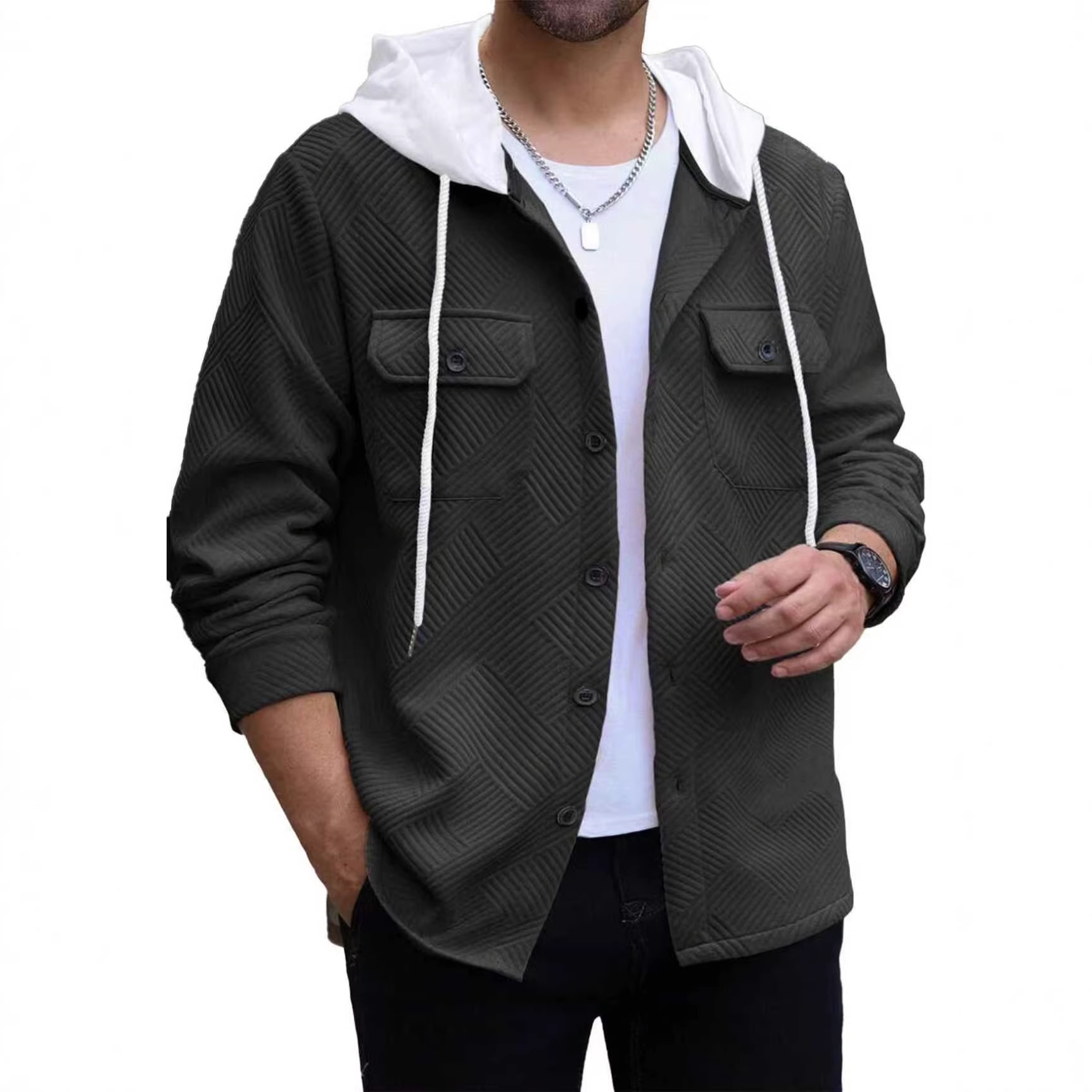 Europa y los Estados Unidos Amazon otoño y invierno comercio exterior hombre ocio deportivo con capuzas de color color con botones Jacquard chaqueta de bolsillo