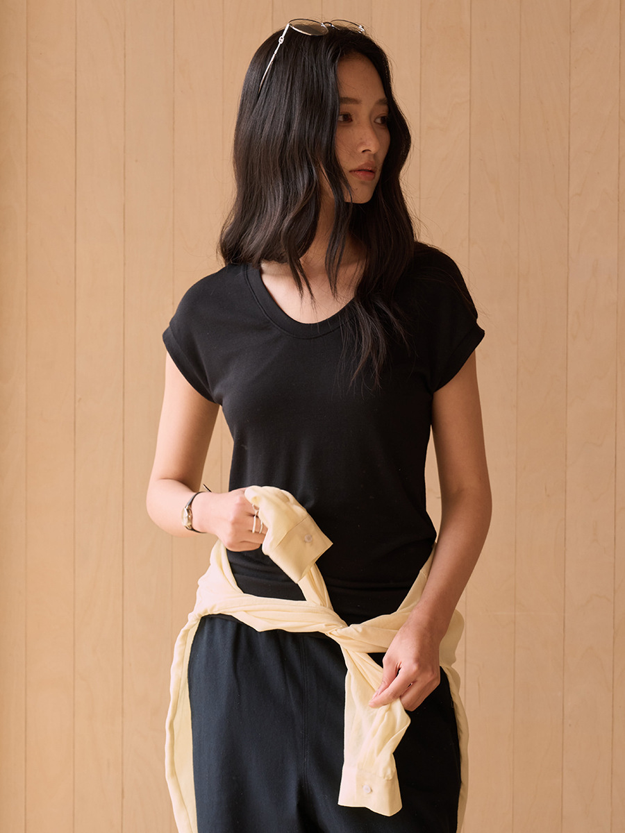 Dai Jia Wen Summer Silk Wool Short-Sleeve T-Shirt for Women, Tencel Modal, Flattering for Round Faces, Slim Fit, Drop Shoulder Top