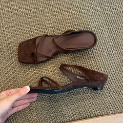 ソフトレザーバージョン~女性用シンプルカジュアルスリッポンサンダル、レトロ万能スクエアトゥウェッジヒールアウターサンダル