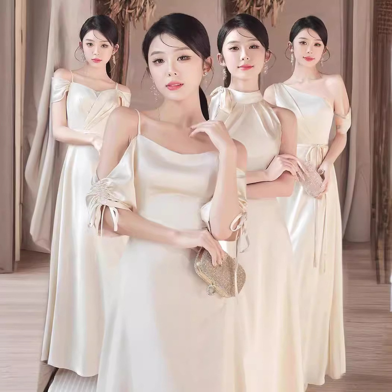 Champagne-Colored Satin Bridesmaid Dresses 2026 New Niche Simple Style for Sisters, Suitable for Everyday Wear, Fresh and Elegant Dresses for Women