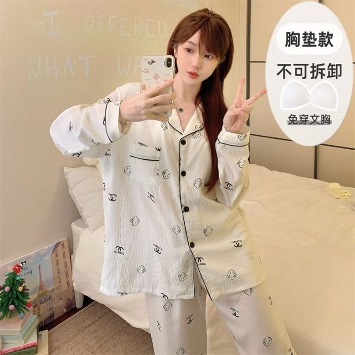 Al por mayor transfronterizo otoño nuevo pijama de nube de algodón con collar cardigan con cojín de pecho manga larga dulce conjunto de ropa de hogar