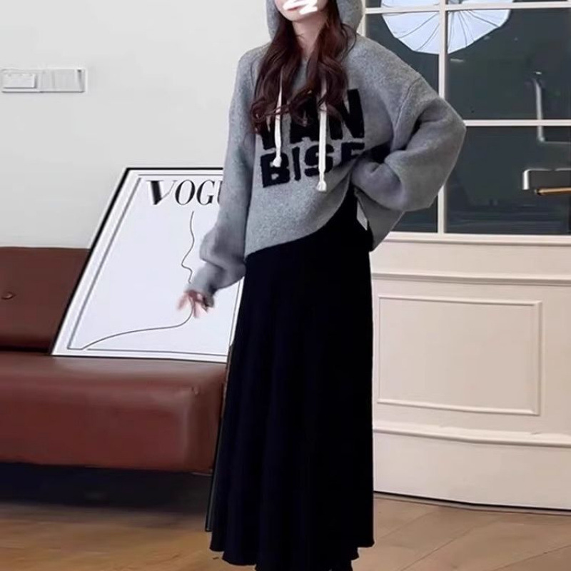 韩系慵懒风灰色字母连帽毛衣外套女春秋新款宽松小个子针织衫卫衣|undefined