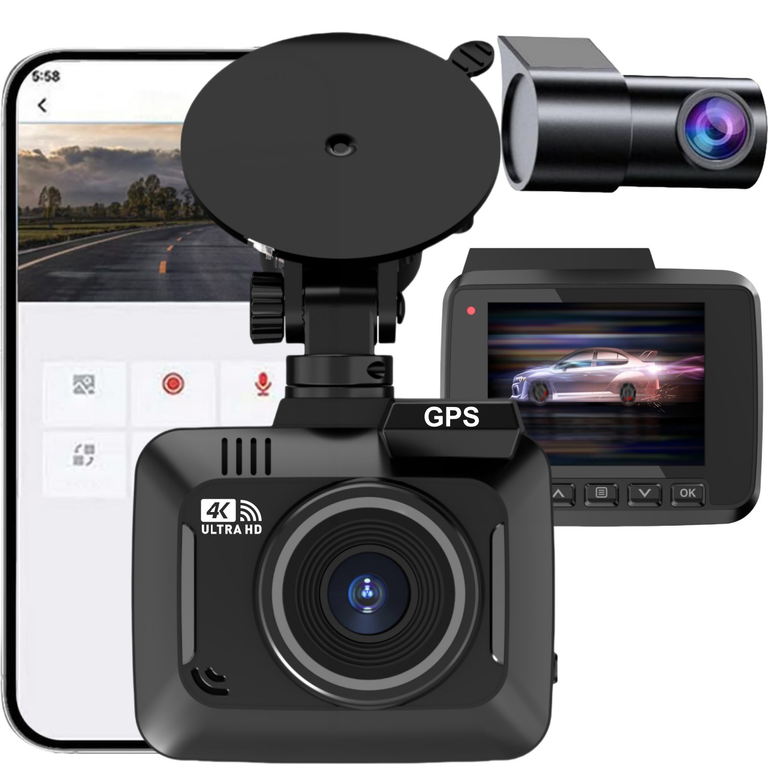 Dual-lens 4K dashcam with built-in GPS, built-in 5G WIFI for mobile phone connection, high-definition parking monitoring