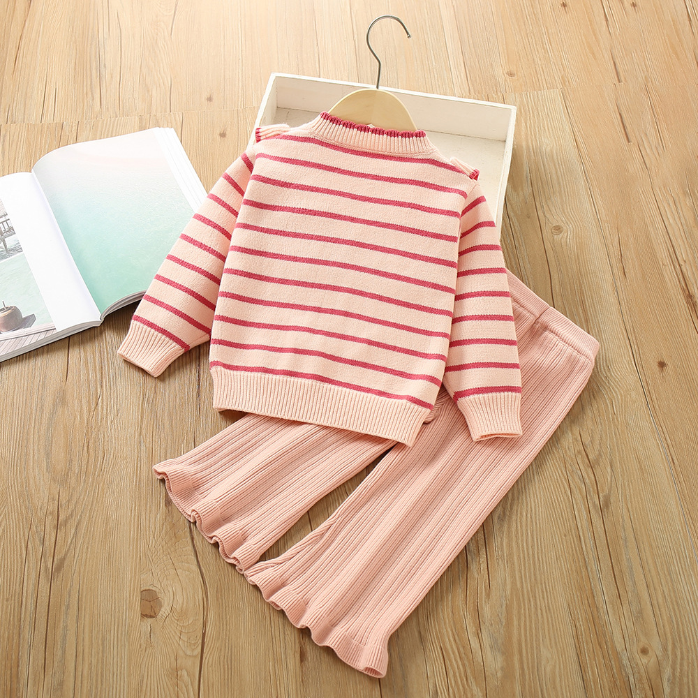 Girls' Sweater S 2023 Winter New Korean Edition Western Style Girl Stripe Wooden Ear Edge Children's Pants Two Piece_voghion.com