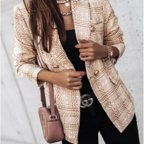 Independent station Wish new winter and autumn long sleeve double-breasted suit collar printed women's jacket