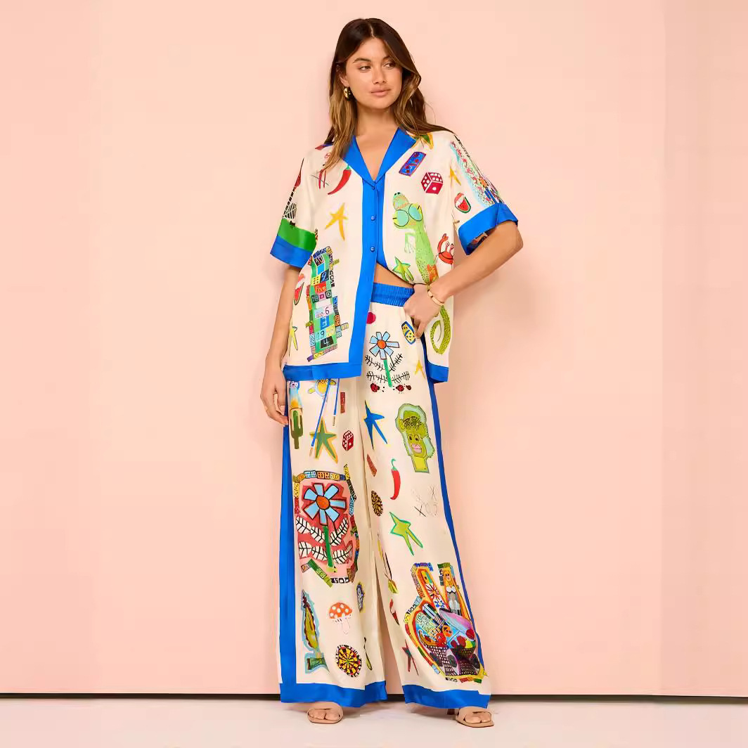 420g Weight Half Sleeve Sleeve Length Holiday Women's Casual Graffiti Polyester Printing Pant Co-ord Set Pants Sets