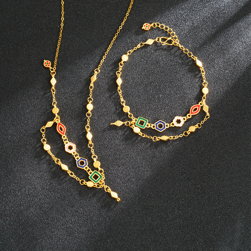 Pulsera de oro de arena antigua, diseño de nicho, cadena de doble capa, collar geométrico de color, joyería retro de larga duración