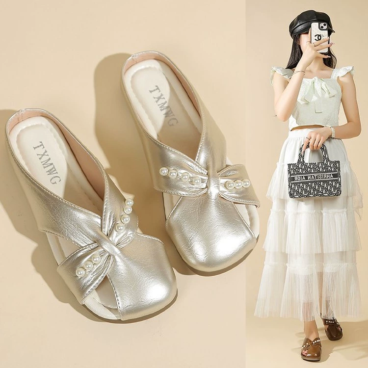 Женские полусандалии Баотоу, новинка лета 2025 года, летняя обувь, удобные, мягкие, с жемчугом, плоские, повседневные.