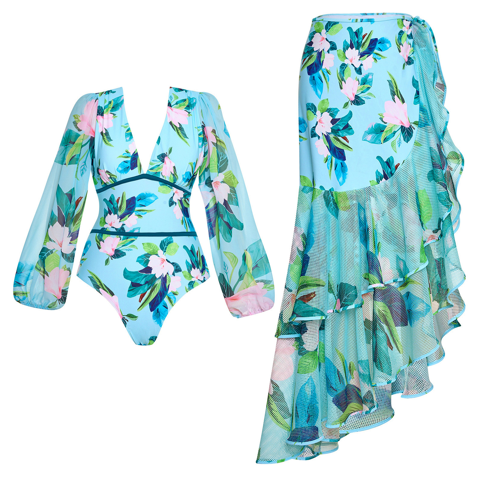Costume da bagno intero sexy da donna con gonna in rete, set a due pezzi_voghion.com
