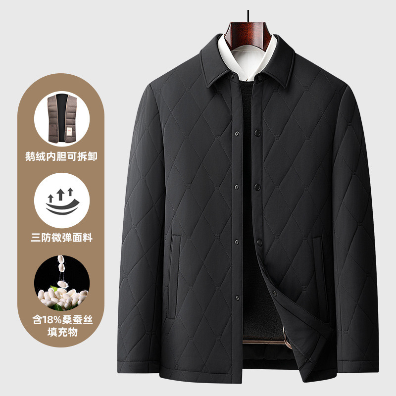 New winter men's down jacket with detachable goose down lining, diamond-patterned design, and a collar, filled with mulberry silk