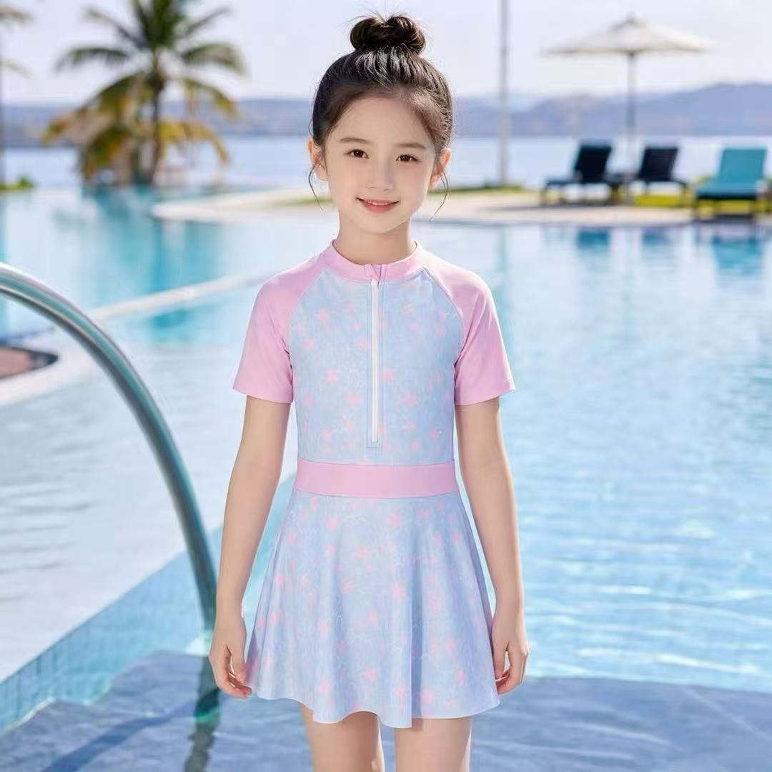 Children's Swimsuit Girls' One-Piece Skirt-Style Short-Sleeved Sun Protection Quick-Drying Princess-Style Student Swimsuit Trendy Style for Older Children