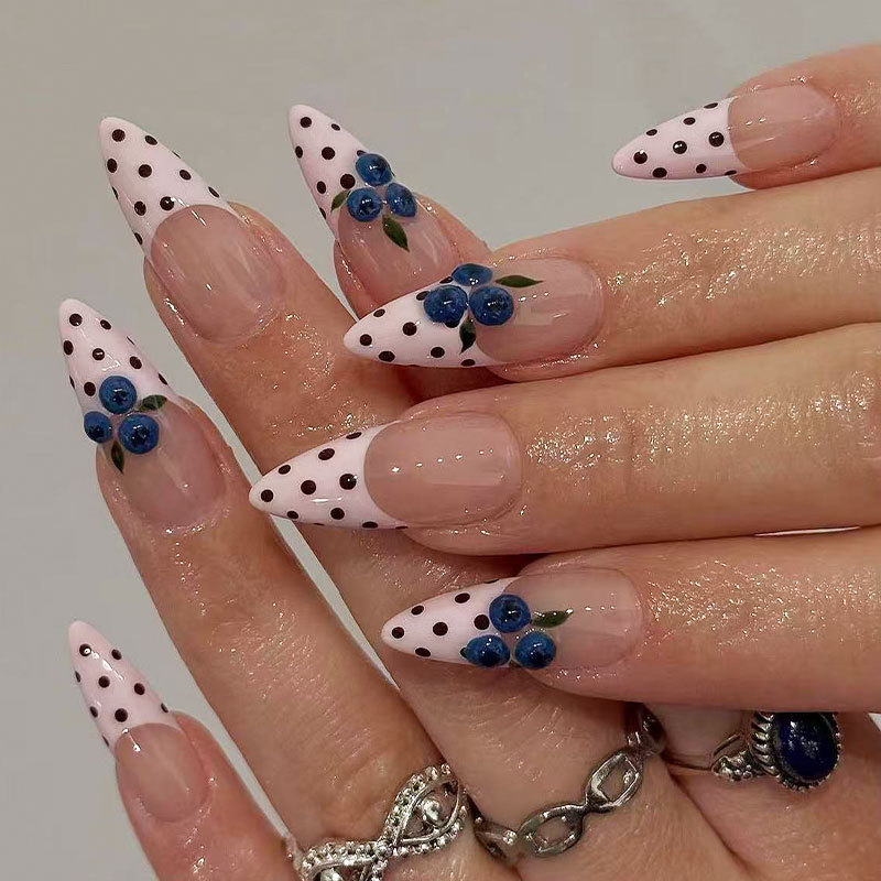 Cross-Border European and American Popular 3D Blueberry Nail Art Nude Pink Black and White Polka Dot French Style Press-On Nails 24-Piece Set Cross-Border European and American Popular 3D Blueberry Nail Art Nude Pink Black and White Polka Dot French Style Press-On Nails 24-Piece Set