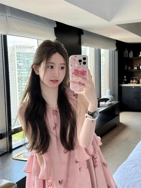 法式气质粉色印花背心连衣裙女夏季温柔甜美宽松无袖裙子a字短裙|undefined