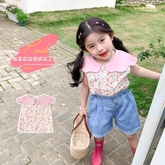 阿木猴2024夏季新款女童韓版翻領碎花無袖上衣小女孩碎花襯衫上衣