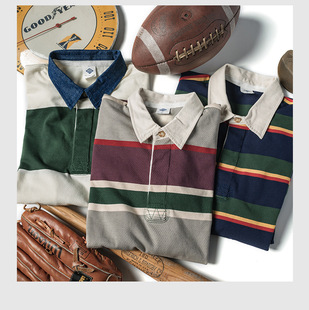 In STOCK men's waiter NON-STOCK Men's Heavy striped lapel T-shirt American retro long sleeve polo shirt