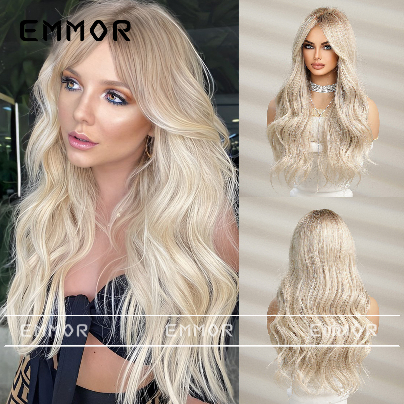 Peluca de Cabello Largo y Rizado con Degradado Blanco Dorado, Estilo Europeo y Americano, Natural y Moderna, con Ondas Grandes, para Mujer