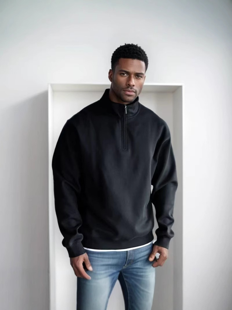 Europa y los Estados Unidos pesados 500g medio cremallera cuello Boxy suéter gris limpio ajuste americano para hombres y mujeres otoño y invierno