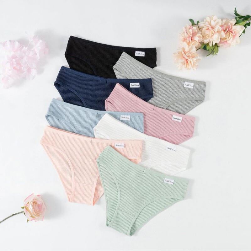 Cross-Border Foreign Trade Wholesale Women's Cotton Briefs, Ribbed Multi-Color Bikini, Breathable Butt-Lifting Low-Waist Underwear for Women