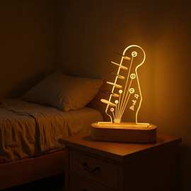 跨境创意发光亚克力小夜灯母亲节礼物木制底座吉他拨片收纳架台灯