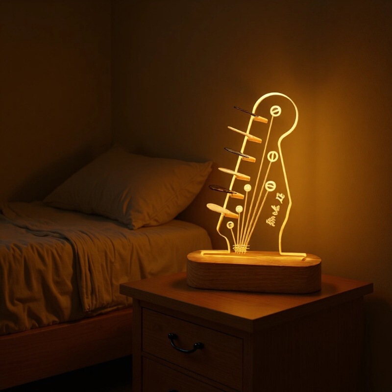 Cross-Border Creative Luminous Acrylic Night Light Mother's Day Gift Wooden Base Guitar Pick Storage Rack Table Lamp