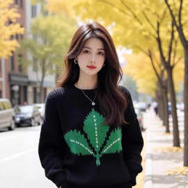 高端欧货宽松圆领长袖毛衣女甜美软糯超好看针织衫温柔系针织上衣