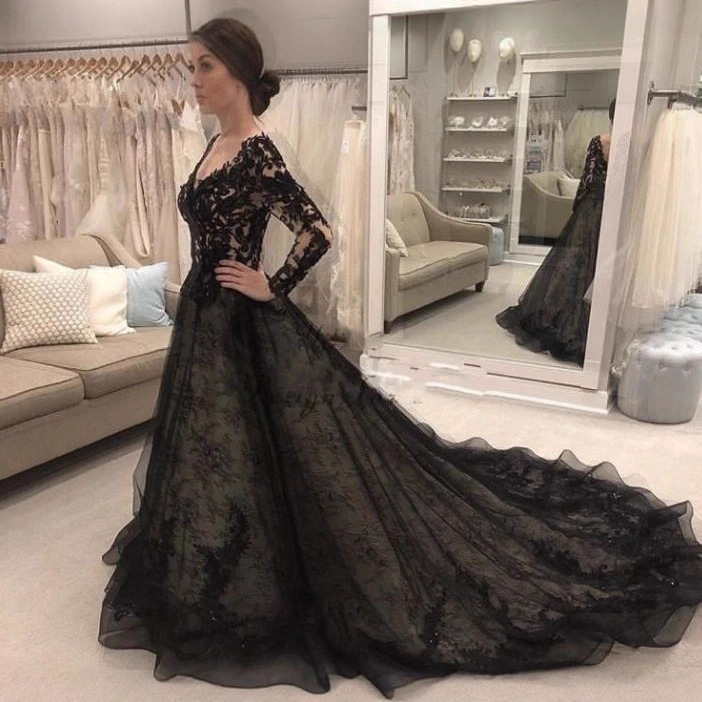 Long-Sleeved Black Wedding Dress, Lace Mesh, Elegant, Simple, Fashionable, Classic and Generous, Shooting Performance, Catwalk Photography Dress