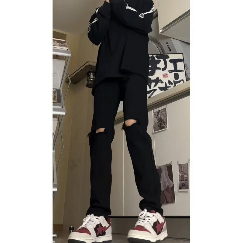 American-Style Vibe Flared Jeans, Summer Thin Black Ripped High-Street Straight Pants, Trendy Unisex Couple's Matching Style