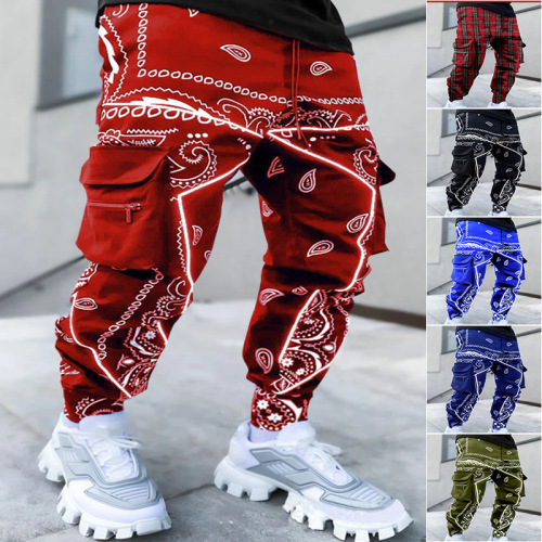Bestselling work pants with fruit print, multiple pockets, loose street-style high-top harlequin pants for men