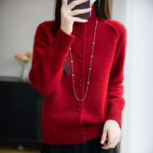 明星同款新年红女高领包扣加厚宽松慵懒风针织毛衣羊毛开衫打底衫