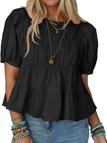 2026 cross-border new summer bubble sleeve doll shirt short-sleeved loose casual A-line pleated foreign-style top