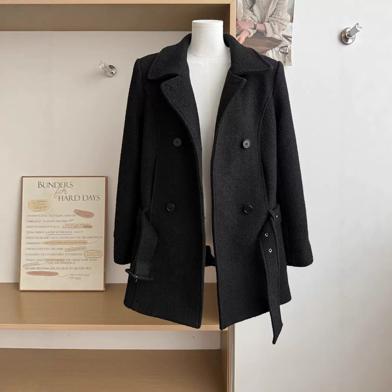 秋冬伦敦日记黑色毛呢外套女英伦风羊毛大衣双排扣中长款翻领宽松