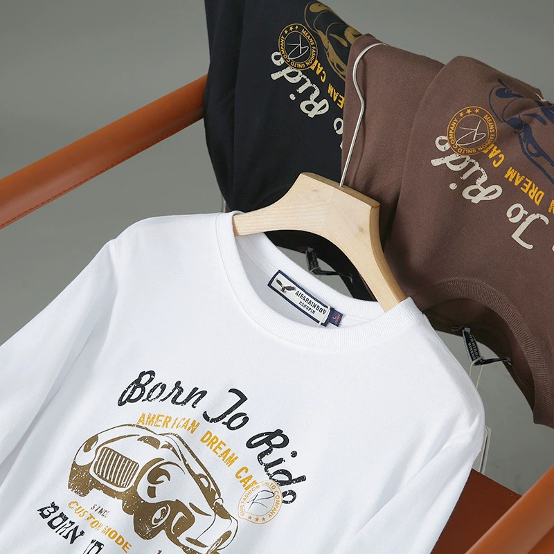 Автомобильный принт модный расчесанный длинный бархатный хлопок ретро осенний мужской дышащий принт с круглым вырезом с длинными рукавами футболка