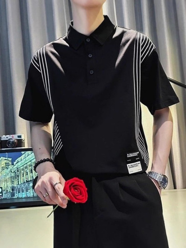 Ice silk short-sleeved T-shirt men's summer thin lapel polo shirt high-end casual beaded cotton summer fashion brand half-sleeves