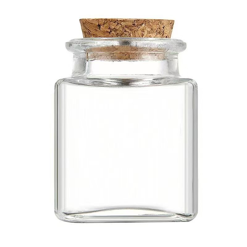 Botella de vidrio cuadrada de bayoneta, tanque de almacenamiento de alto silicio transparente, tapa de madera, botella de almacenamiento de cocina de 50ml, botella vacía de pequeña capacidad