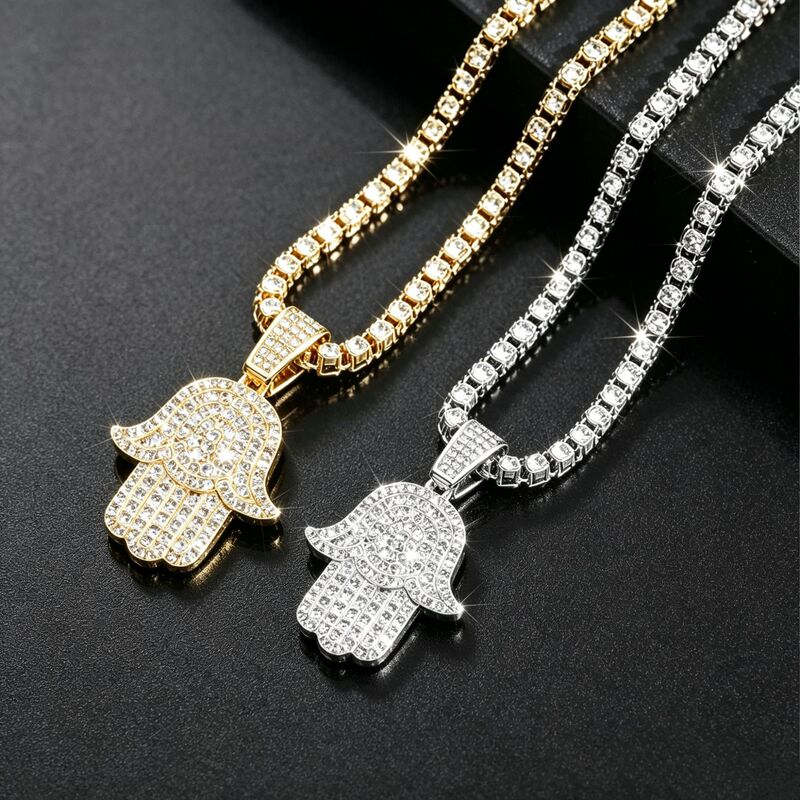 European and American cross-border wholesale of diamond-encrusted jewelry, hamsa Fatima hand pendant with matching necklace, hip-hop single chain
