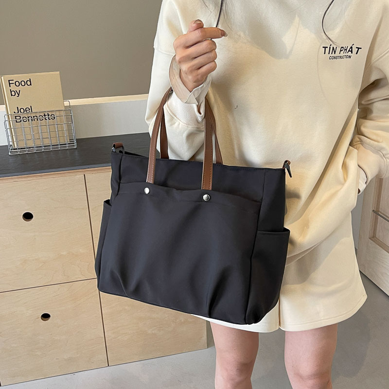 Contrast Handle Multi Pocket Nylon Zip Tote Bag 3