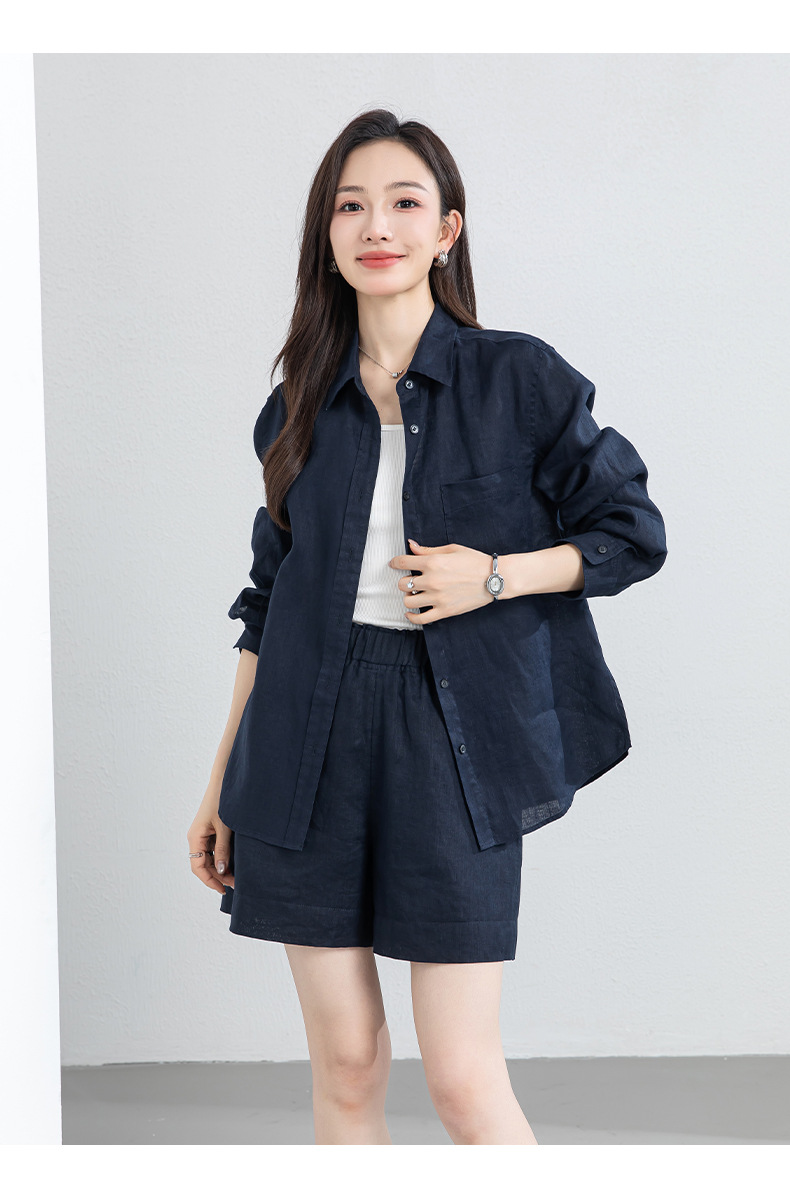 Bộ đồ linen nữ mùa hè áo sơ mi phối quần short dáng rộng — Quần short - 86185 ngày xanh chi tiết 19