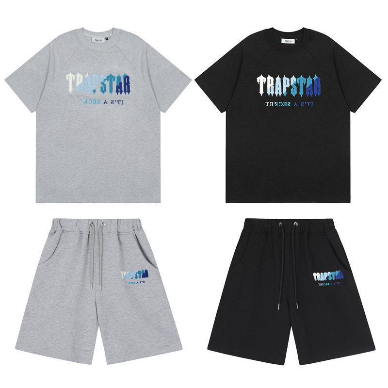 Trapstar letras degradadas de verano blanco azul toalla bordado de manga corta camiseta pantalones cortos pareja de hombres traje casual ins