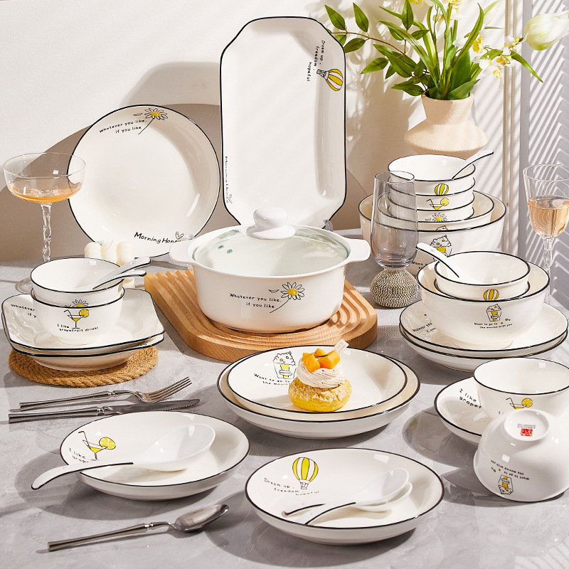 Underglaze Color Nordic Light Luxury High Beauty Value Jingdezhen Ceramic Tableware Bowl and Dish suit Household Soup Noodle Bowl, Dish and Spoon Combination