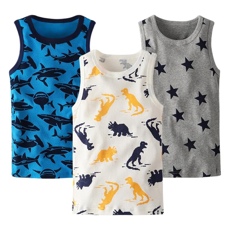 Chalecos para niños europeos y americanos verano, niños y niñas, niños pequeños y medianos, dibujos animados de dinosaurios de algodón, camisetas sin mangas para bebés, camisetas transfronterizas