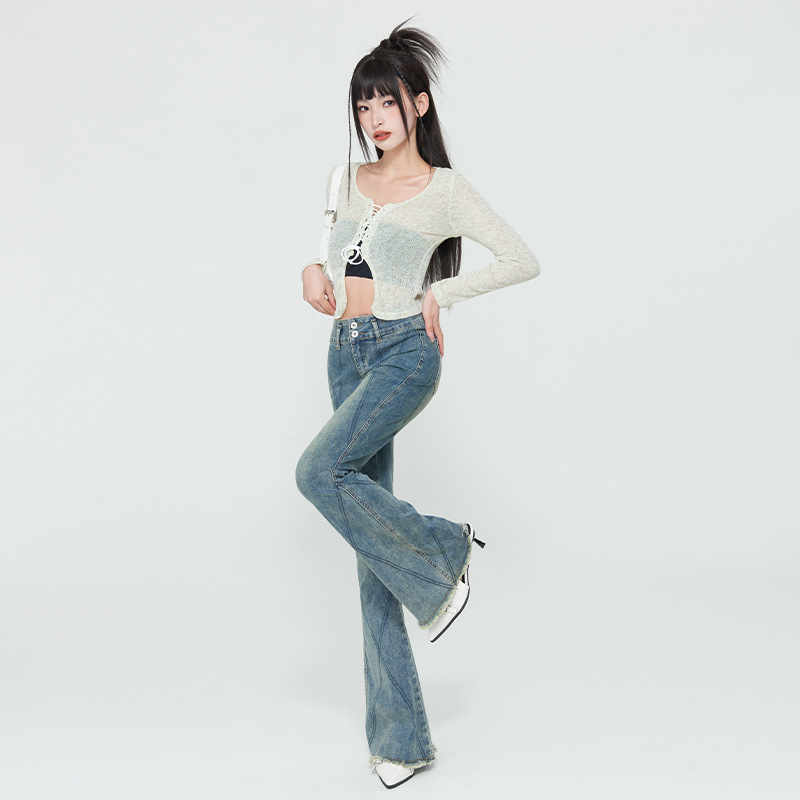 HEY JEANS RETRO HIGH WAIST FLA 청바지 봄과 가을 2024 새로운 미국식 하이 스트리트 더블 버튼 바지
