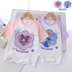 女の子の新しい肩の夏のポニーポーリーは、パターンを反転してスパンコール半袖tシャツを作ることができます