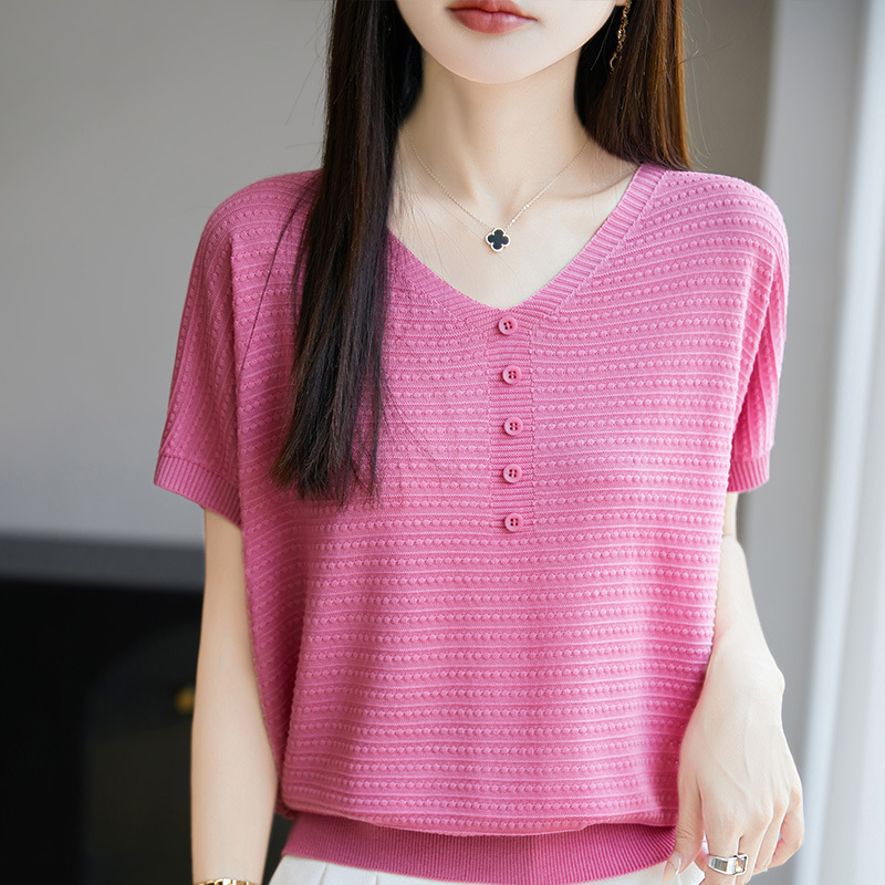 2025 Summer New Tencel Lyocell V Neck Knitwear Short-Sleeved Women's Jacquard Color-Blocked Stripesd Top